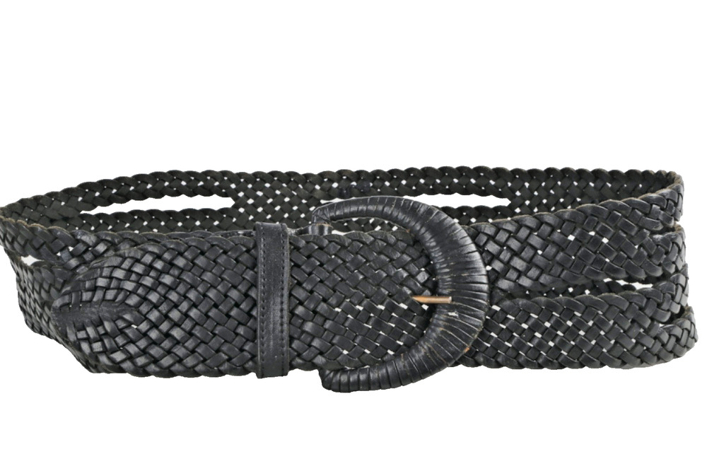 Vintage Black Woven Braided Leather Belt Wide Waist Boho Cinch Covered Buckle M